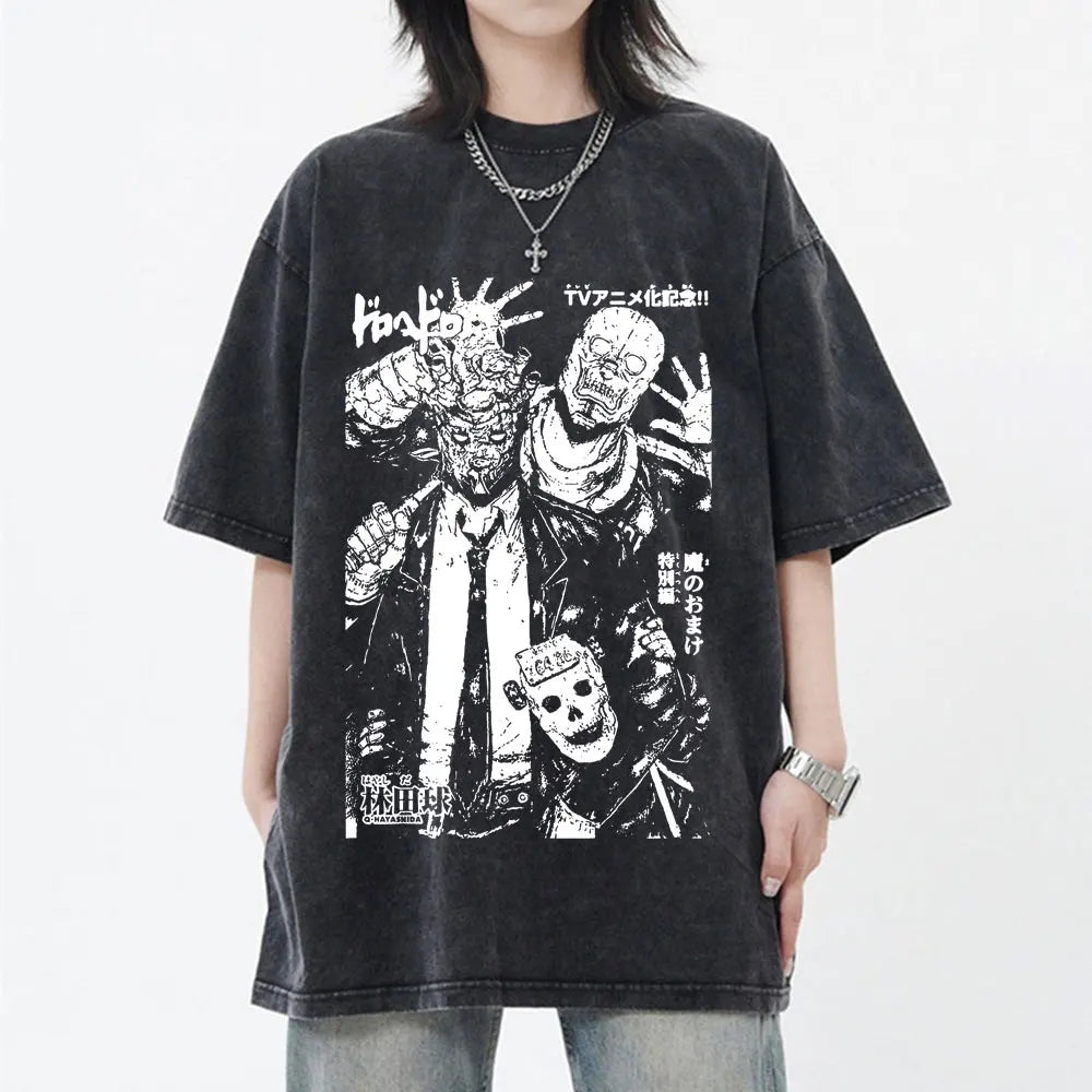 Japanese Anime Dorohedoro Kaiman Vintage Washed T-shirt Men Women Cool Manga Graphic T-shirts Gothic Horror Tee Shirt Oversized