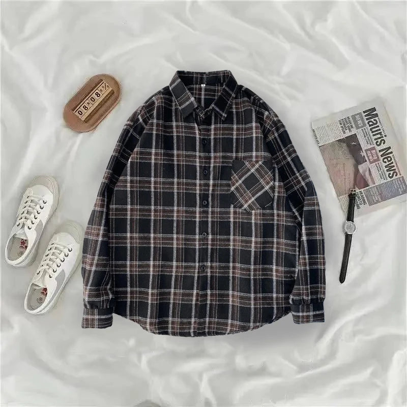 Vintage Plaid Shirts Women Autumn Long Sleeve Oversize Button Up Shirt Korean Fashion Casual Fall Outwear Tops Blusas Mujer