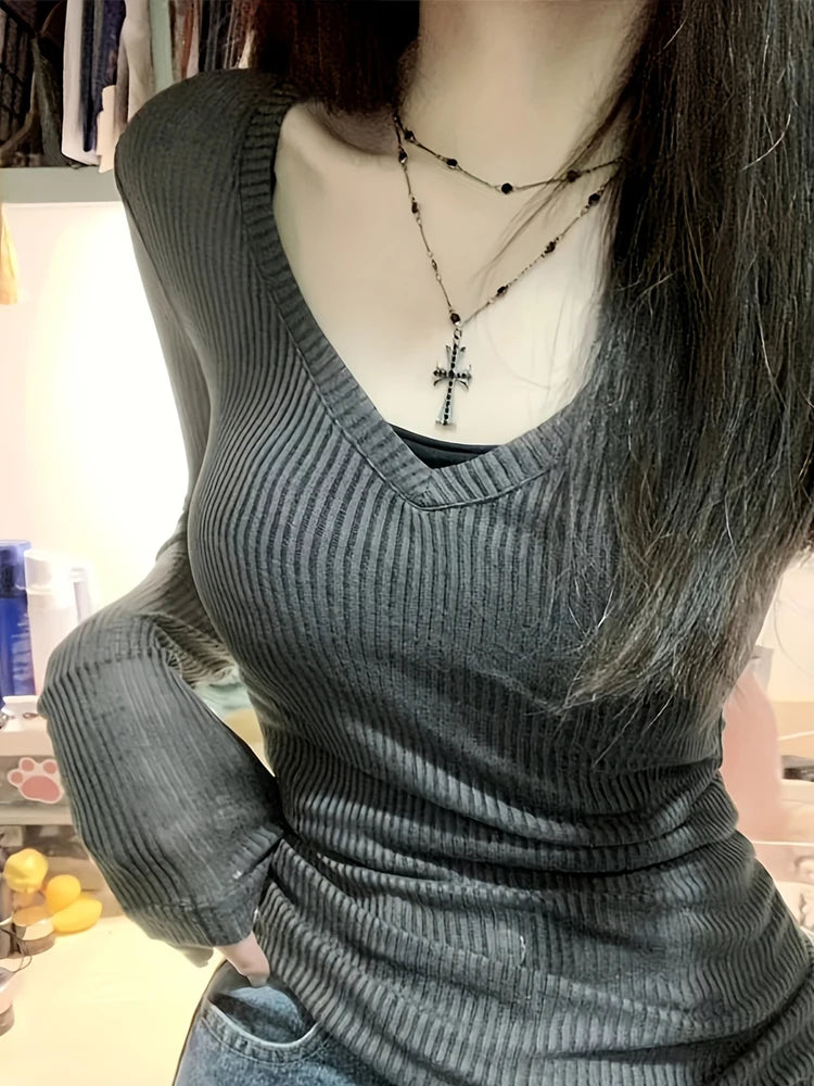 NUOMICI Sexy Gray Long-sleeve T-shirt Women V-neck Slightly Transparent Slim Fit Black Women's Top Korean Popular Clothes Chic