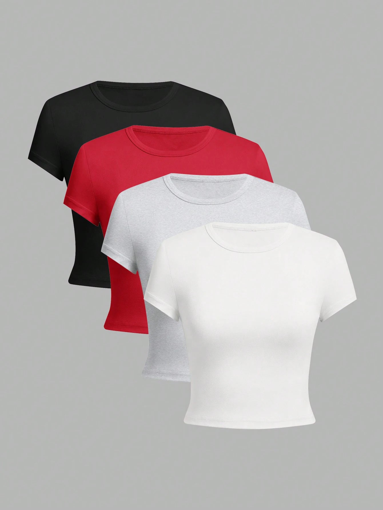 4 pieces Solid color basic short sleeved tight fitting T-shirt for women's casual summer minimalist women's style top O-neck