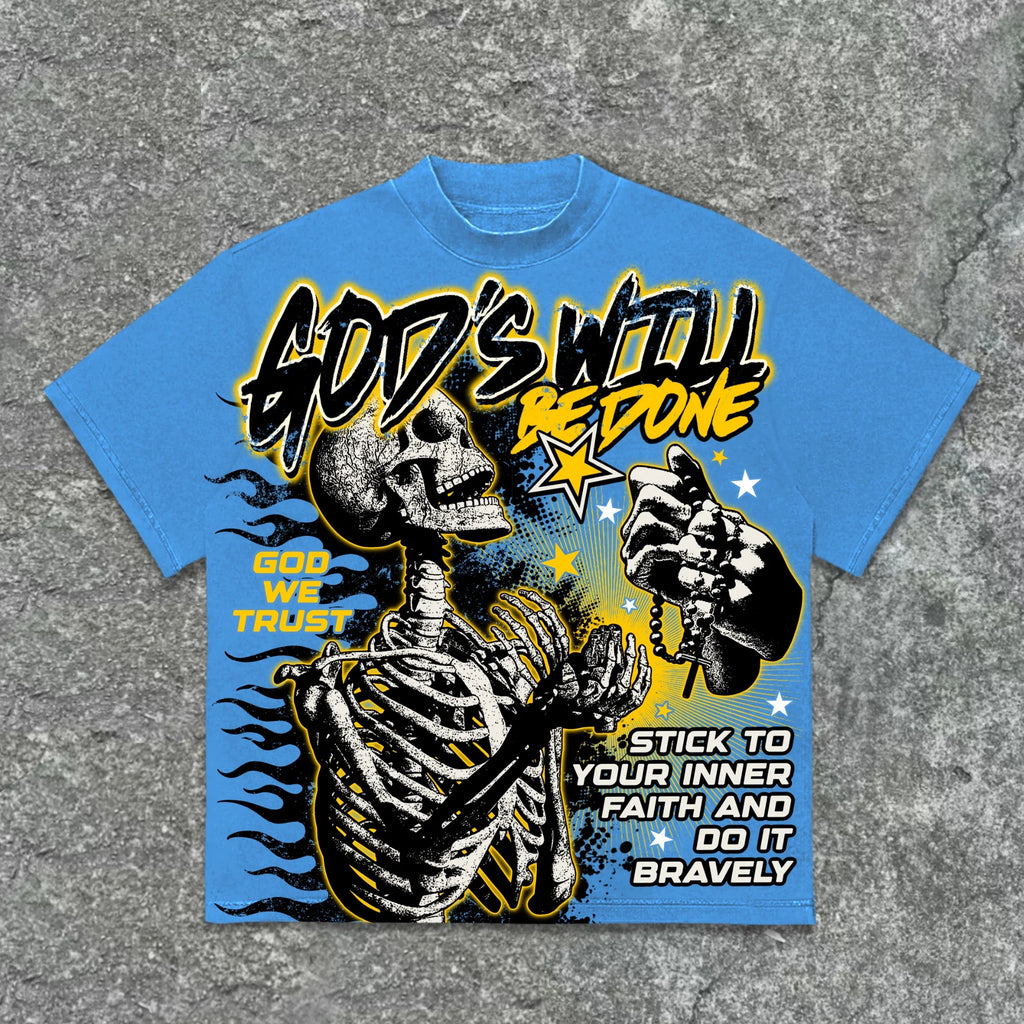 American Retro God's Will Skull Retro Pattern Cotton T-shirt Printed Graphic Men and Women Y2K Oversized T-shirt Street Wear