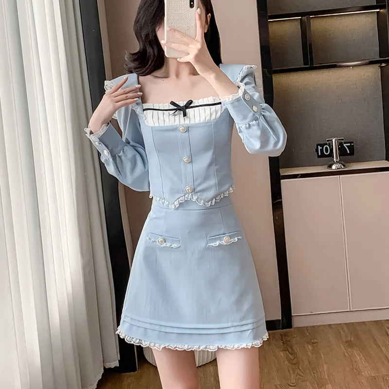 Korean Style Women Two-Piece Set Sweet Lace Splicing Slim Crop Tops + Bodycon Mini Skirts Matching Suit Female Clothes