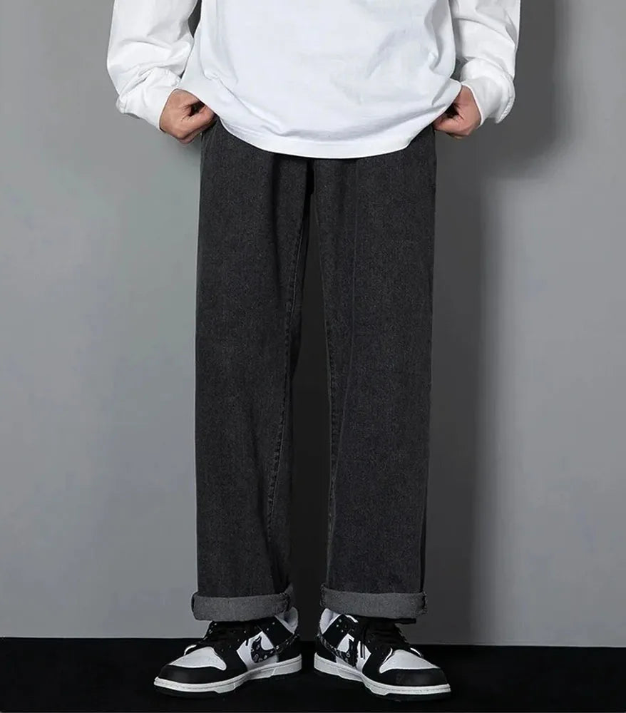 Korean Solid Colors Men's Casual Long Jeans Classic Man Four Seasons Straight Denim Wide-leg Pants Light Blue Grey Black 3XL