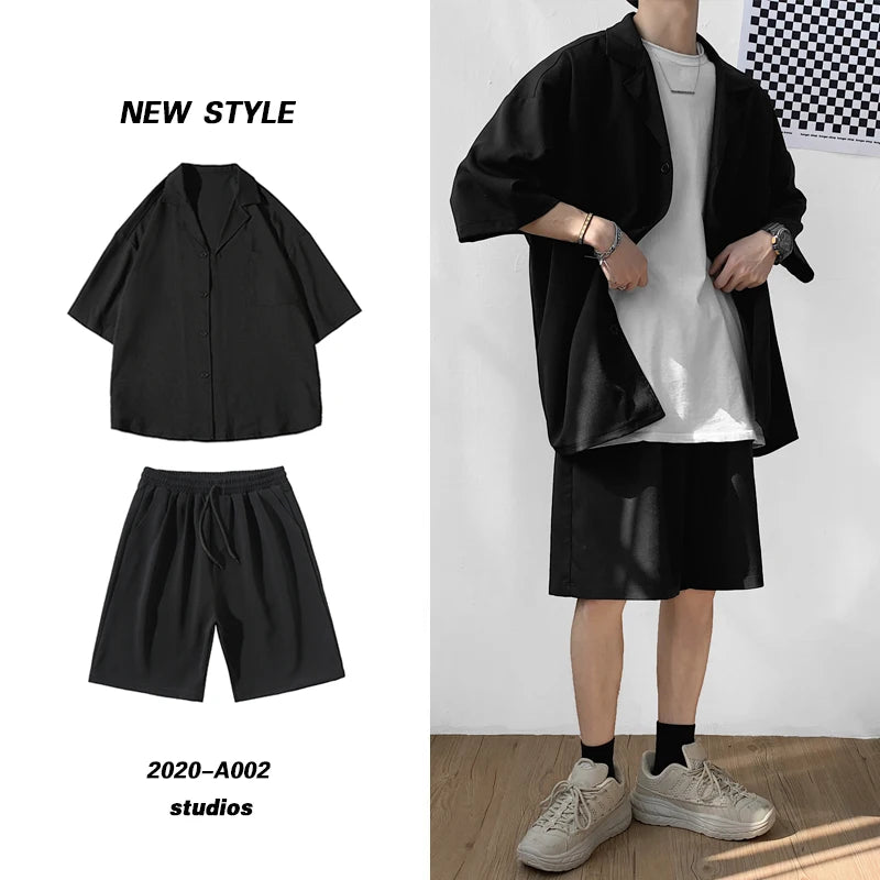 Summer 2 Piece Set Men Suit Jacket and Shorts Oversized Clean Fit Male Clothes Korean Style Casual Loose Short Shirt Outfits Man