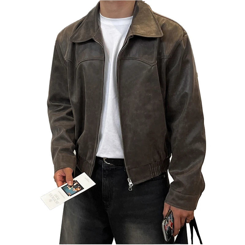Mauroicardi Spring Autumn Vintage Lightweight Distressed Washed Brown Pu Leather Jacket Men Zipper Casual Korean Fashion Clothes