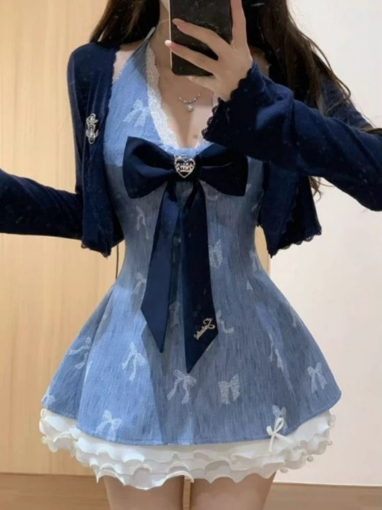 Y2k Aesthetic Retro Sweet 2 Piece Set Women Vintage Halter Neck Dress +Long Sleeve Cardigan Harajuku Chic Korean Popular Clothes