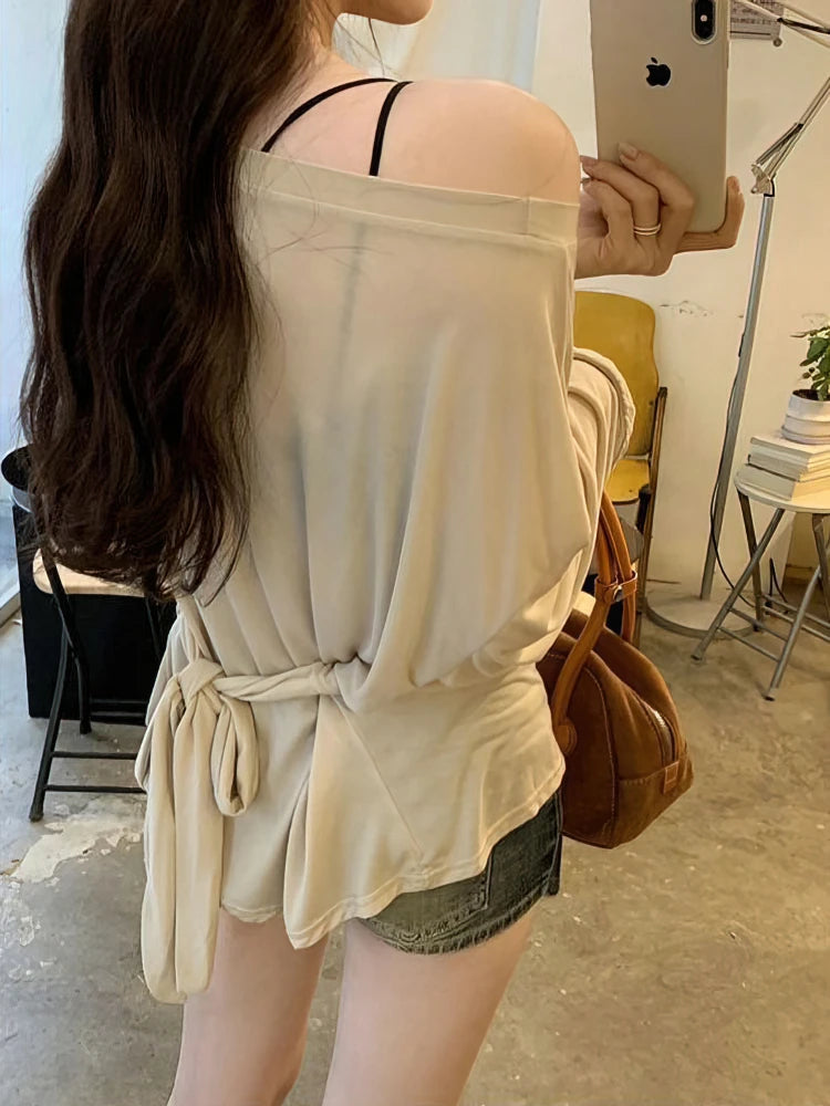 Sexy Thin See Through Long sleeve Oversize T shirt Women Bandage Off shoulder Top Female Basic Long Tees Korean Chic Lady New