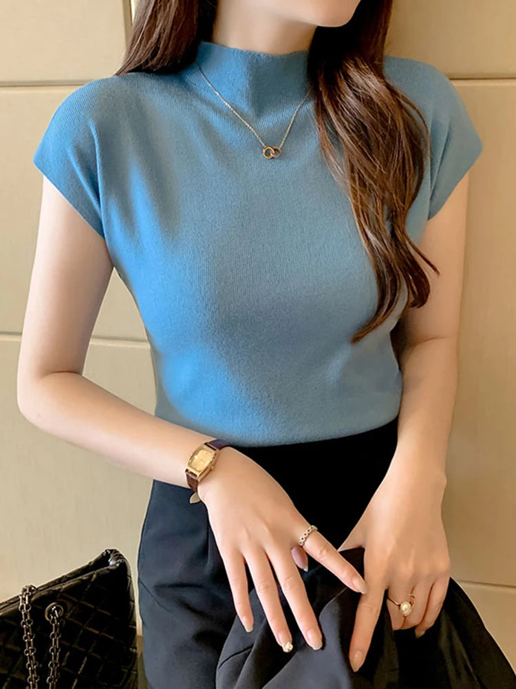 Women's Half-High Neck T-Shirt Fashion Jumper Casual Tops Korean Style Elegant Solid-Coloured Clothing Spring And Summer Season