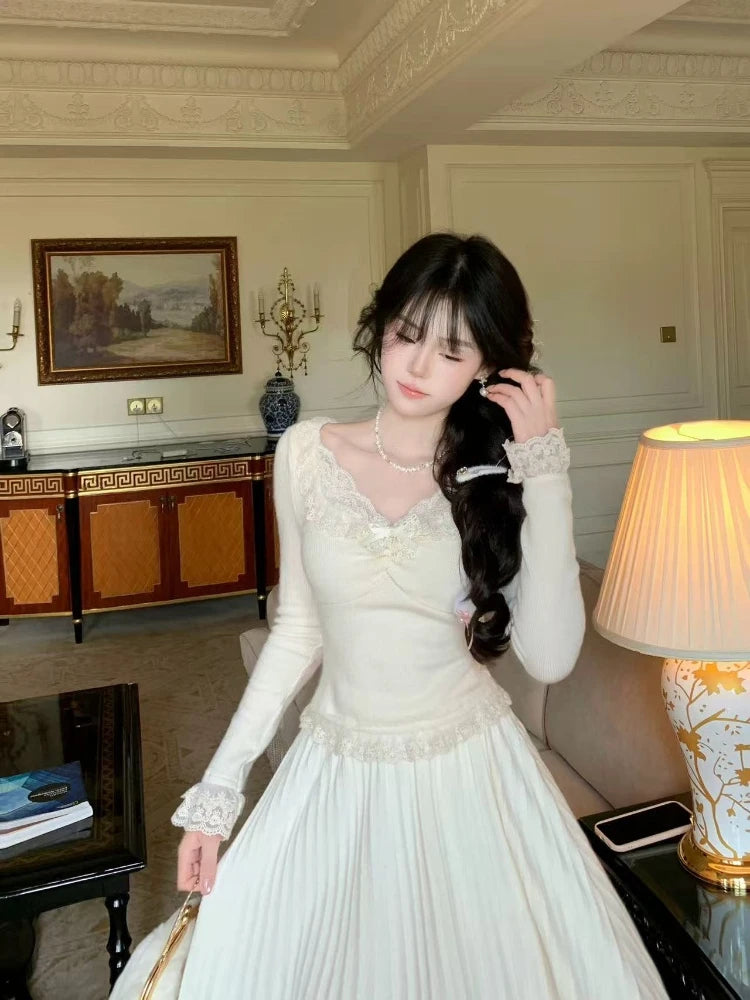 Winter Sweet Elegant Knit 2 Peice Sets Woman Y2k Sexy Lace Design Cute Warm Sweater Suit Feamale Princess Korean Popular Clothes