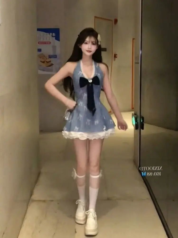 Y2k Aesthetic Retro Sweet 2 Piece Set Women Vintage Halter Neck Dress +Long Sleeve Cardigan Harajuku Chic Korean Popular Clothes