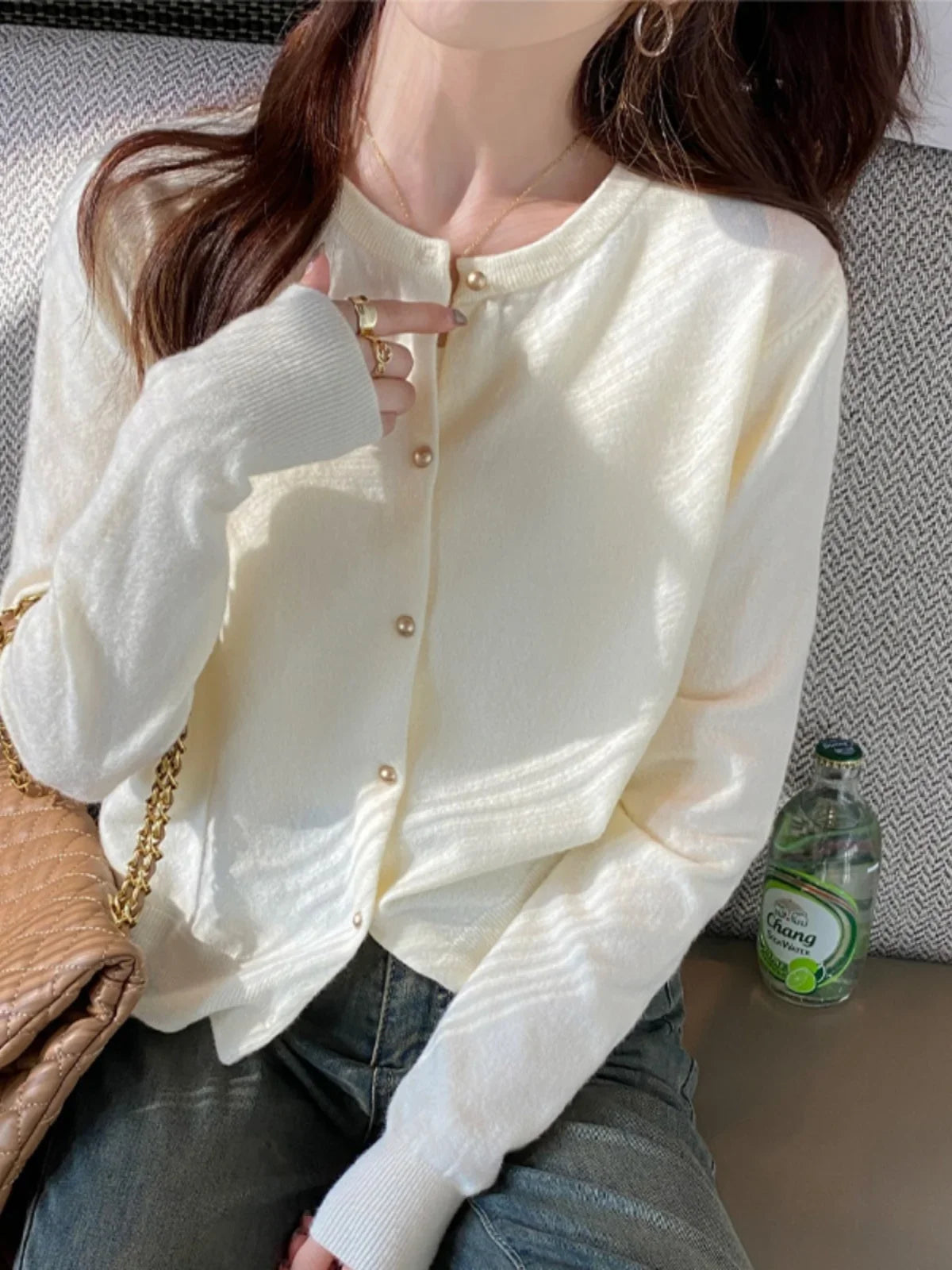 Solid Color Knitted for Women Cardigan Korean Single Breasted Long Sleeve Jumper Woman Round Neck All Match Cardigans Outwear