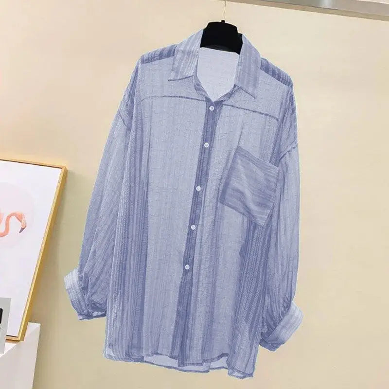 Áo chống nắng cho nữ, áo sơ mi chiffon mỏng xuyên thấu, áo kiểu Harajuku Hàn Quốc rộng rãi, áo khoác cardigan nữ thường ngày. 