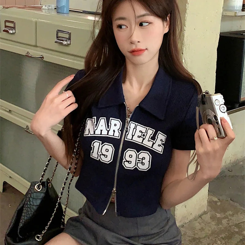 2024 New Summer Women Vintage Zipper Short Sleeved T-shirts Lady Korean Style Streetwear Clothes Female Letter Printing Top