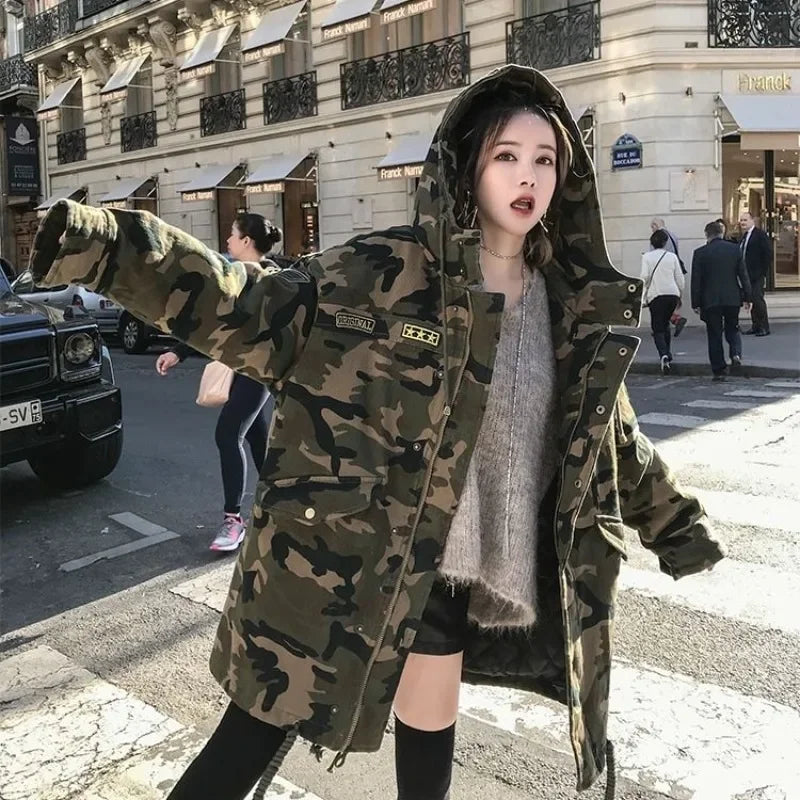 Winter Camouflage Cotton Parkas for Women Thickened Long Style Unisex Fashion Korean Version Cargo Cotton Padded Coat Clothes