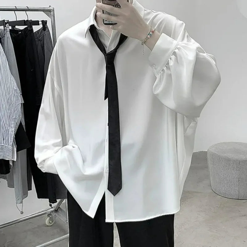 Men's Korean Style Long Sleeve Shirts Black Tie Cozy Casual Solid Oversize Blouses Breathable Loose Shirt Harajuku Male Clothes
