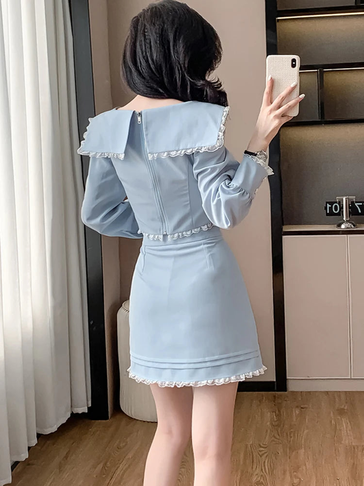 Korean Style Women Two-Piece Set Sweet Lace Splicing Slim Crop Tops + Bodycon Mini Skirts Matching Suit Female Clothes