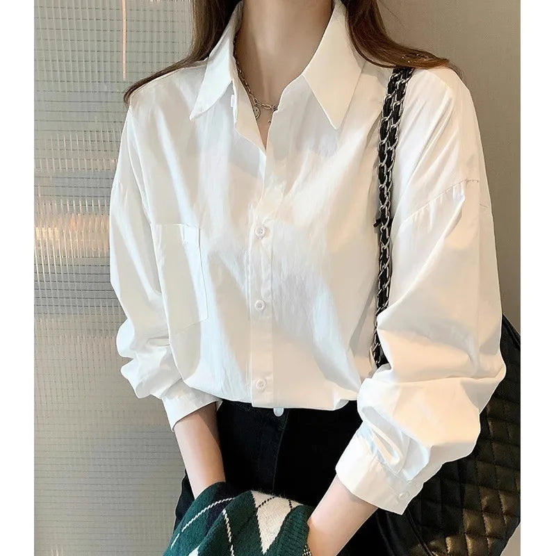 White Blouse Ladies' 2023 Autumn's new Korean-style Long-sleeved Casual Office Lady Shirt Loose Women Clothes Top Simple Shirts