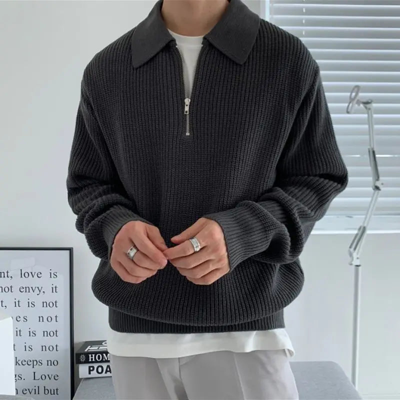 Winter Lapel Sweater Men Warm Fashion Casual Knit Pullover Men Korean Loose Zipper Long Sleeve Sweater Mens Jumper Clothes