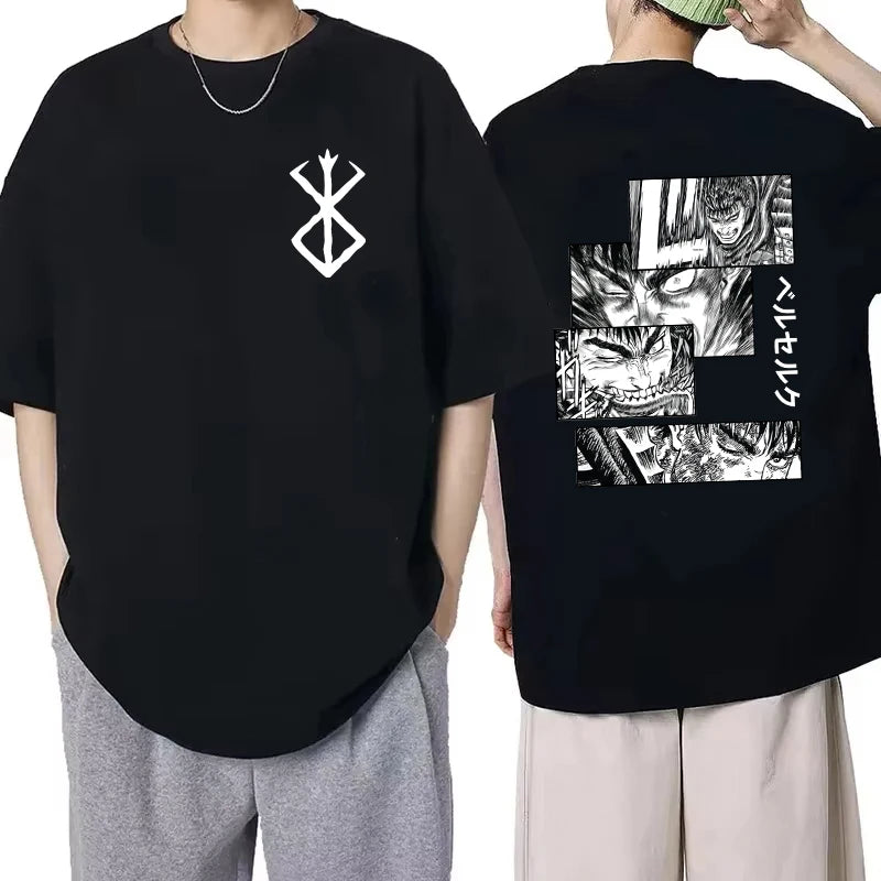 Japan Anime Berserk T-Shirt Guts Print Graphic Tee Men's 90s Summer Short Sleeve Casual Manga Dark Fantasy Black Swordsman Style