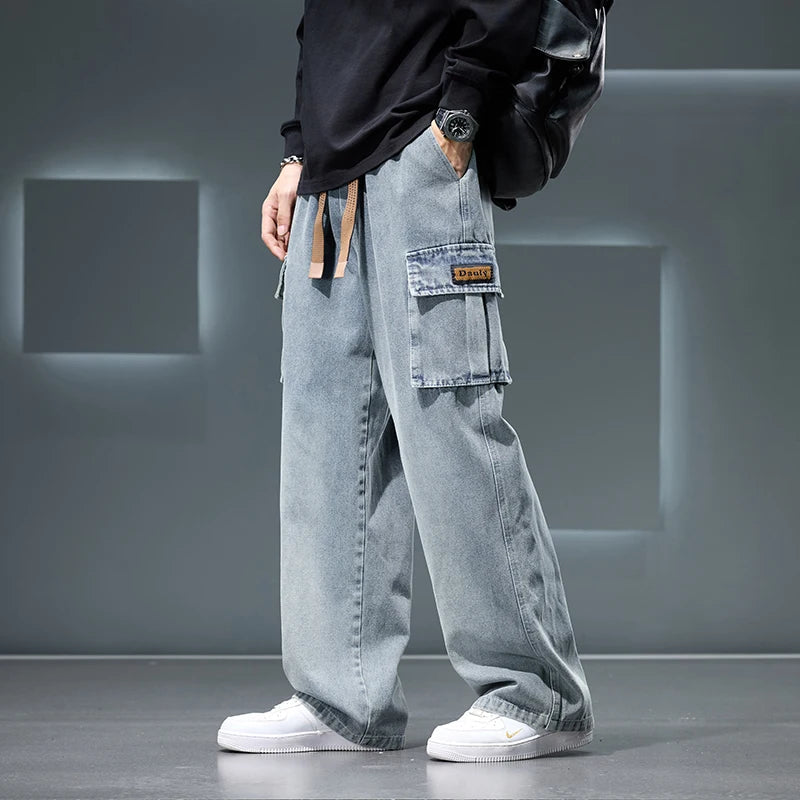 Autumn New Wide Leg Washing Jean Pants Men Trousers Neutral Solid Color Loose Casual Fashion Pocket Cargo Pants Big Size 8xl