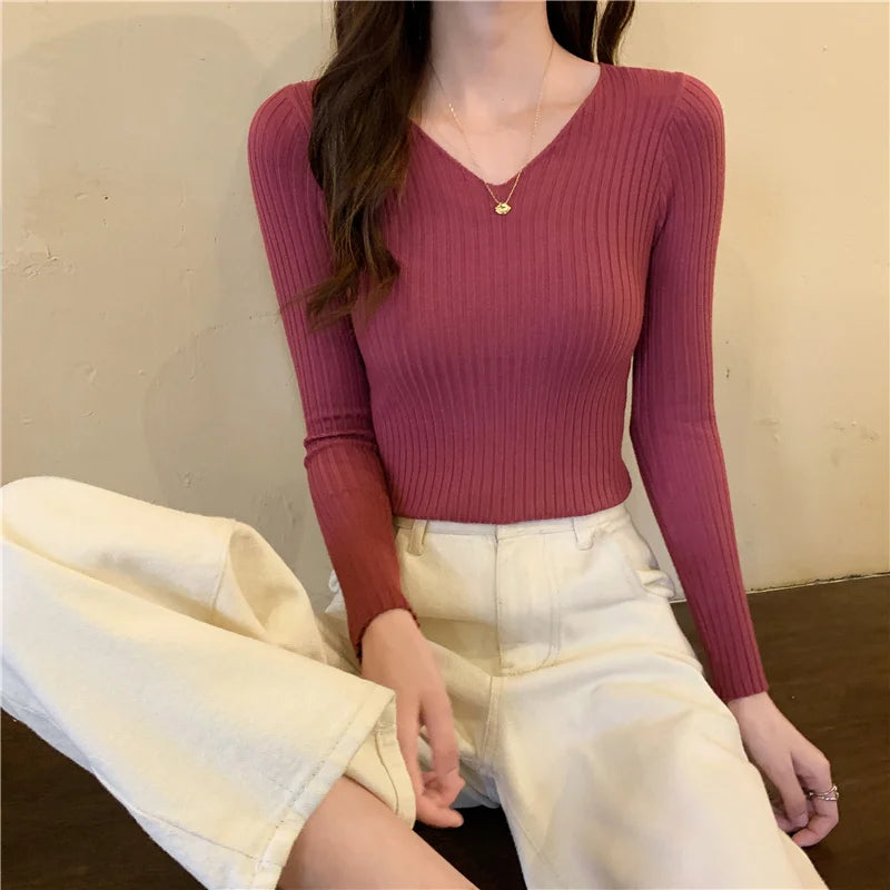 2025 Korean Autumn Winter V Neck Sweater Fashion Casual Long Sleeve Knitted Sweaters Solid Color Slim Pullovers Women Clothes