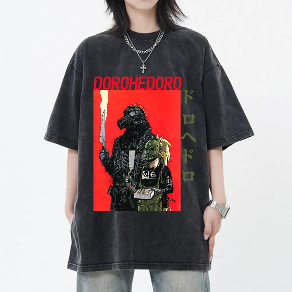 Japanese Anime Dorohedoro Kaiman Vintage Washed T-shirt Men Women Cool Manga Graphic T-shirts Gothic Horror Tee Shirt Oversized