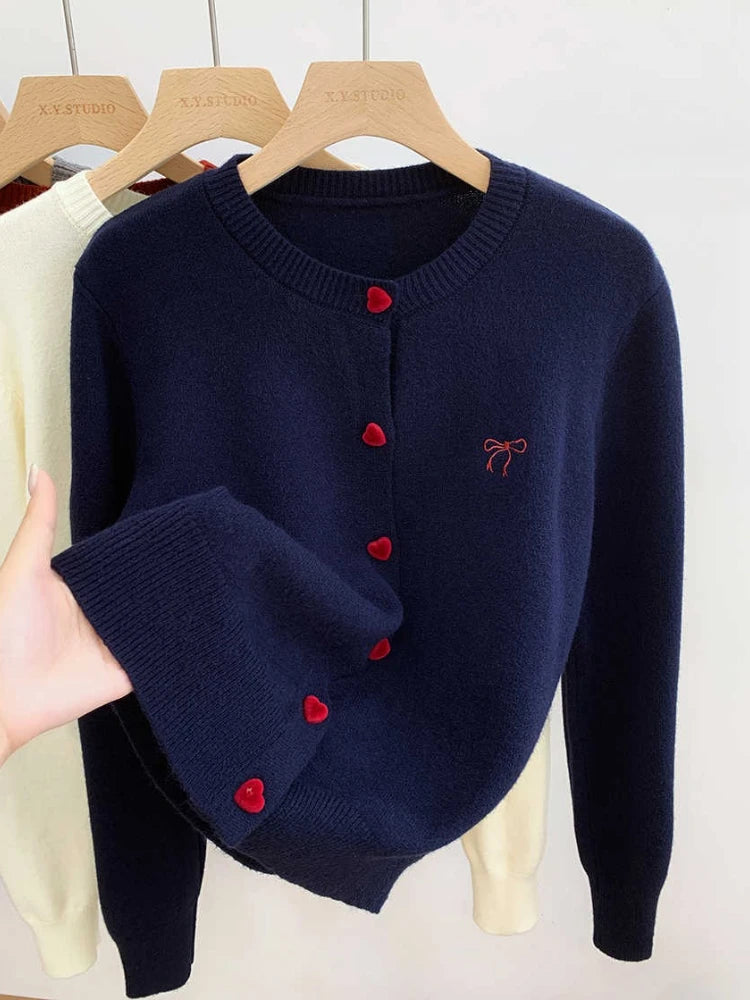 Women O-Neck Single Breasted Heart Button Sweater 2025 Bow Embroidery Knitted Cardigan Korean Casual Solid Tops Woman Clothes 45