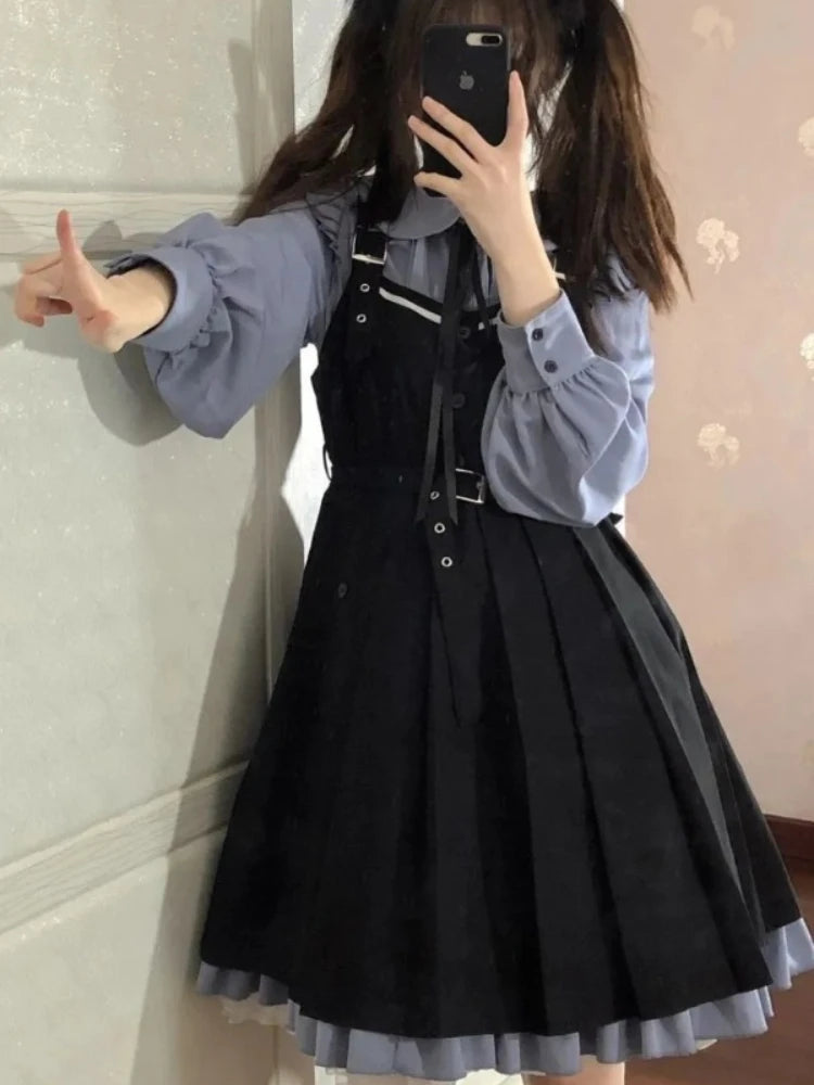 Dress Sets Women Long Sleeve High Waist Patchwork Spring A-line Korean Style Lovely All-match Design Aesthetic Clothes Y2k Chic