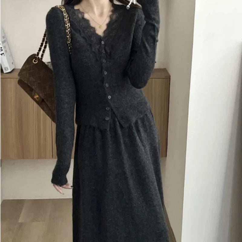 Korean Lace Long-sleeved Knitted Top Cardigan Casual Autumn Fashion French Elegant Tops Skirts Two-piece Suit Women's Clothes