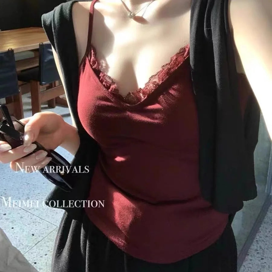 Lace Tank Top Women Cute Camis Sexy White Cropped Camisole Female Korean Sleeveless Black Vest Summer 2025 Coquette Y2k Clothes