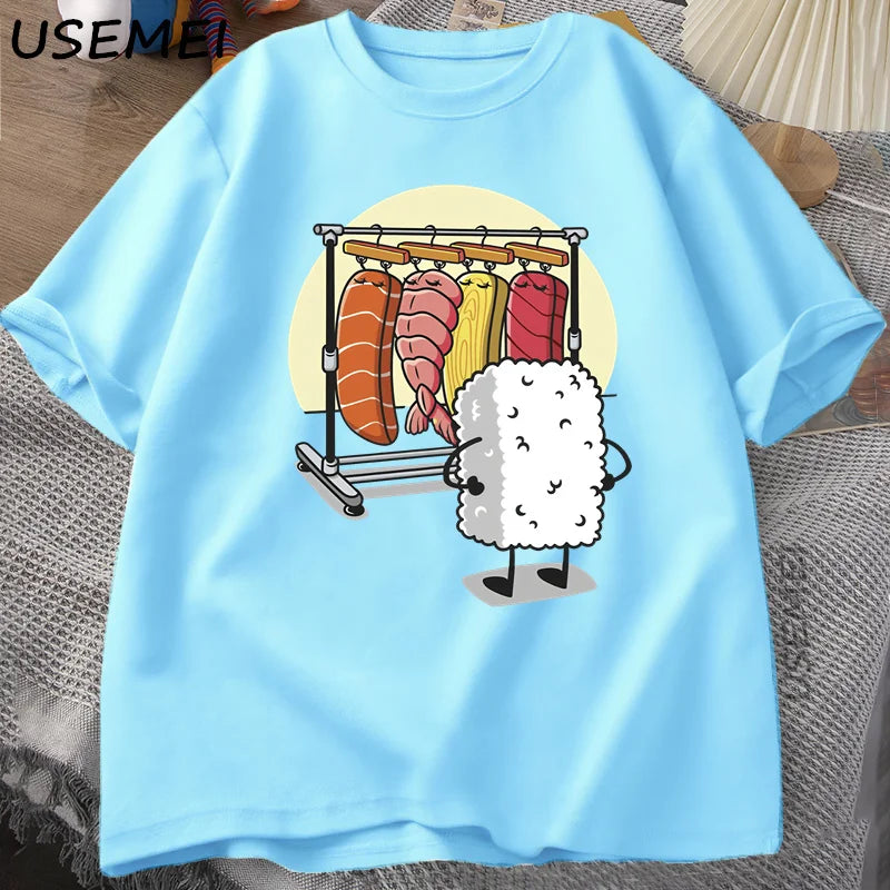 Áo thun Sushi Wardrobe dành cho nữ và nam, áo thun in hình ngộ nghĩnh chất lượng cao, chất liệu cotton, dáng rộng, tay ngắn, in họa tiết, áo nam. 