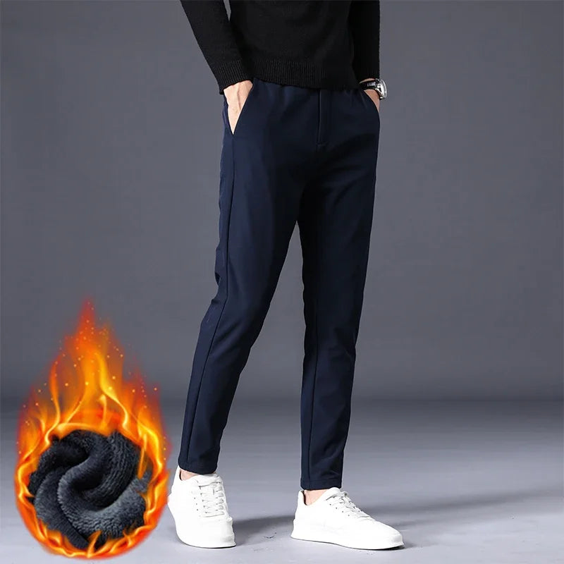 Winter Warm Fleece Men's Business Casual Pants Stretch Slim Fashion Korean Thermal Trousers Classic Simple Male Plush Clothes