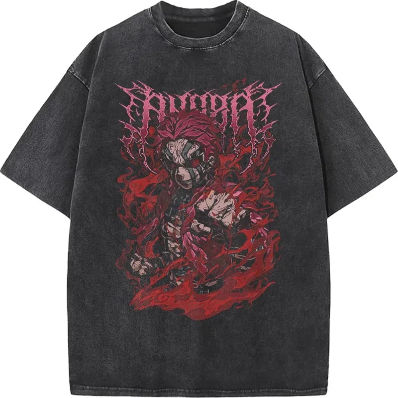 25 New Popular Anime Hit Show Washed Vintage Akaza T-shirt Manga Graphic Men's Clothing Cotton Oversized Short Sleeve Tees Tops