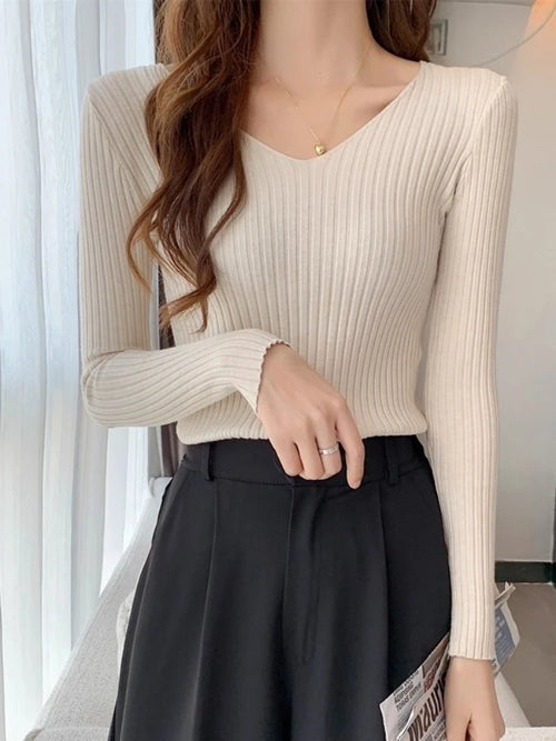 2025 Korean Autumn Winter V Neck Sweater Fashion Casual Long Sleeve Knitted Sweaters Solid Color Slim Pullovers Women Clothes