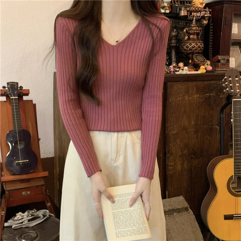 2025 Korean Autumn Winter V Neck Sweater Fashion Casual Long Sleeve Knitted Sweaters Solid Color Slim Pullovers Women Clothes