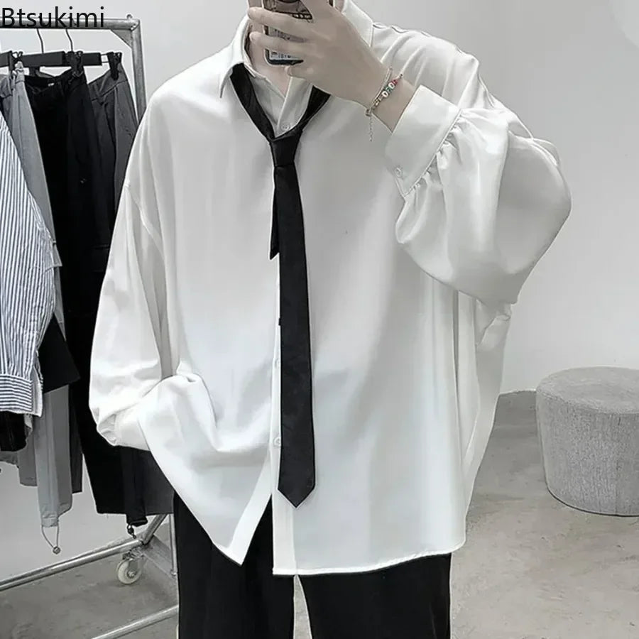 Men's Korean Style Long Sleeve Shirts Black Tie Cozy Casual Solid Oversize Blouses Breathable Loose Shirt Harajuku Male Clothes