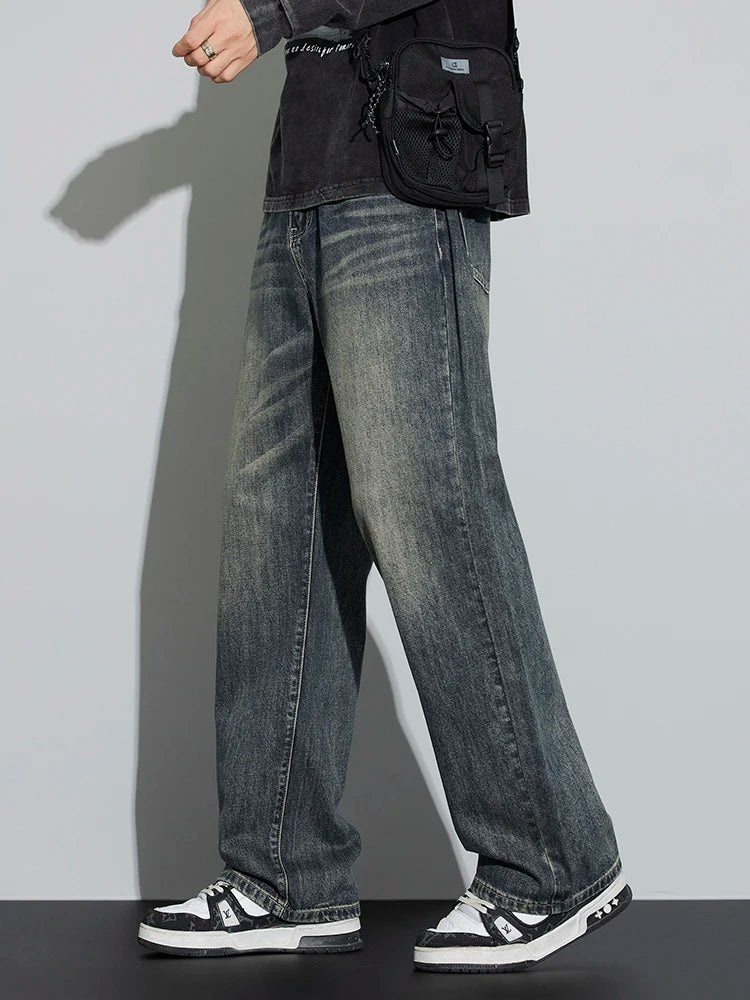 Cotton Baggy Men Wide Leg Jeans Retro Loose Streetwear Fashion Korean Straight Washed Denim Trousers High Quality Brand Clothes