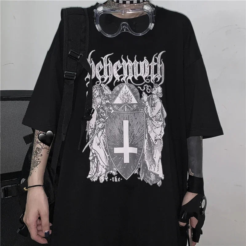 Women's T-shirt Harajuku Y2K Top Oversized T Shirt Retro Korean Style Black Demon Punk Gothic Anime Print Clothes Streetwear