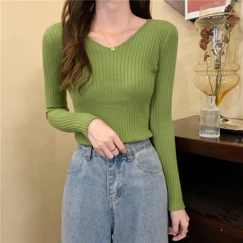 2025 Korean Autumn Winter V Neck Sweater Fashion Casual Long Sleeve Knitted Sweaters Solid Color Slim Pullovers Women Clothes