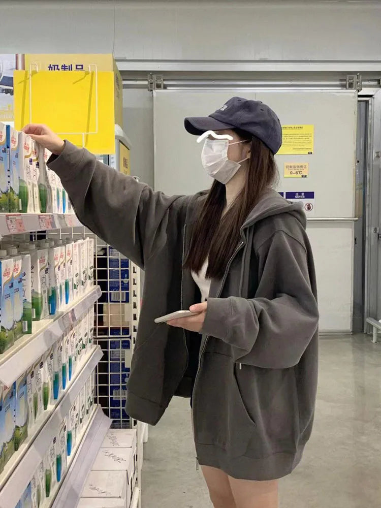 Oversize Women's Sweatshirts Autumn Casual Korean Long Sleeve Hooded Zip-up Y2k Hoodies Streetwear Harajuku Female Clothes Black