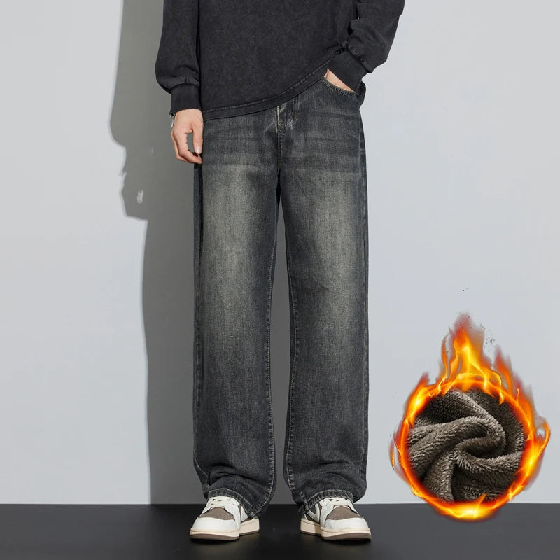 Korean Wide Legs Fleece Jeans Men's Winter Warm Thickened Velvet Loose Straight Casual Denim Pants Korean Fashion Trousers