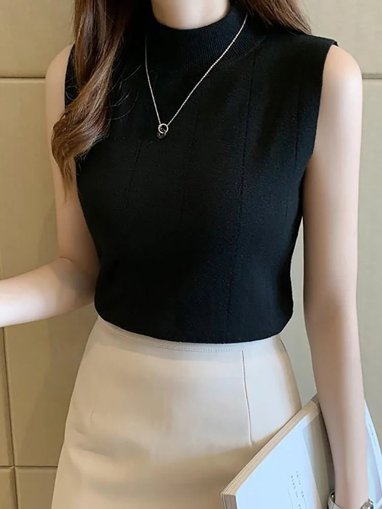 Korean Fashion Ladies Tops Spring New Summer Women Tops Casual Clothes Sleeveless Solid Women Blouse Knit Elastic Blusas
