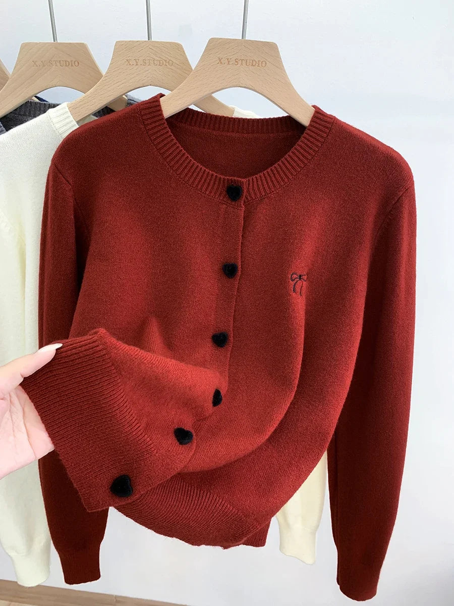 Women O-Neck Single Breasted Heart Button Sweater 2025 Bow Embroidery Knitted Cardigan Korean Casual Solid Tops Woman Clothes 45