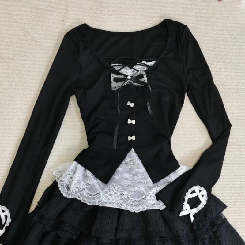 New Autumn Vintage Fashion Long Sleeve 2 Piece Set Woman Sexy Bow Lace Y2k Tops +Mini Skirt Harajuku Slim Korean Popular Clothes