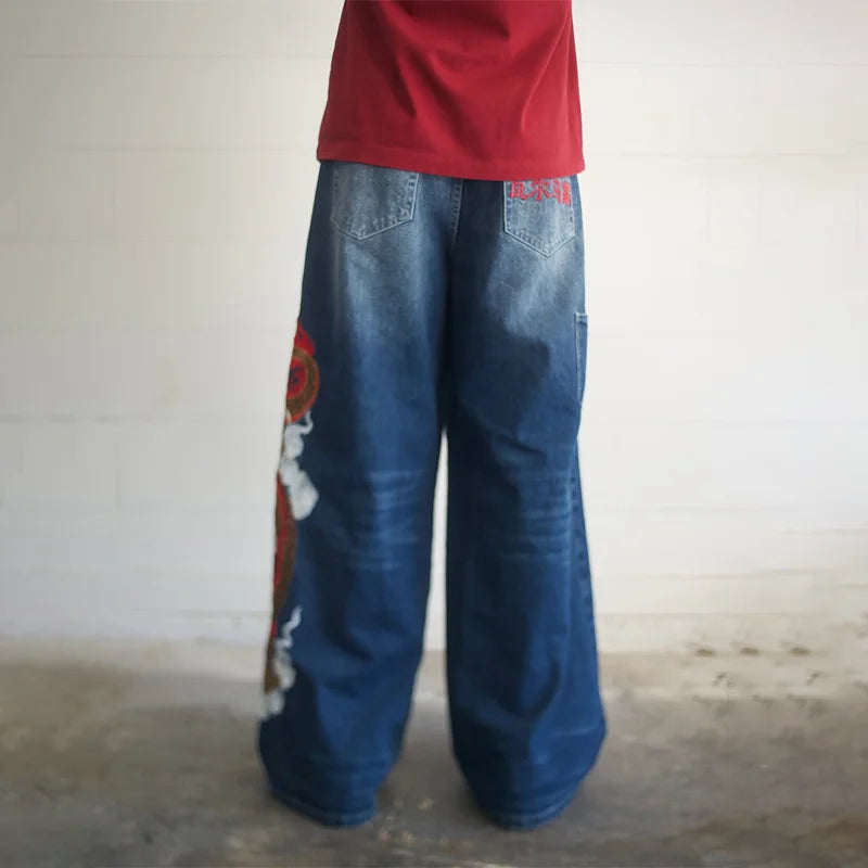 Dragon Graffiti Embroidery Dark Blue Loose Wide Leg Distressed Jeans Y2K High Waist Men Women Vintage Casual Daily Streetwear