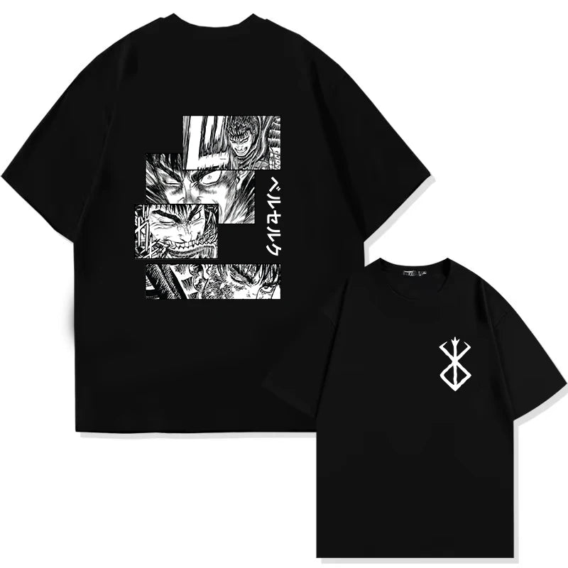 Japan Anime Berserk T-Shirt Guts Print Graphic Tee Men's 90s Summer Short Sleeve Casual Manga Dark Fantasy Black Swordsman Style
