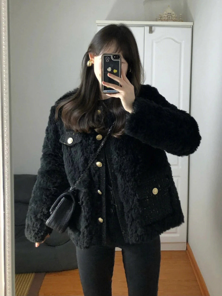 Bla Lamb Fur Jaet Women's 2025 New Winter Korean Sle Petite Ele Lady Cotton Clothes Button Thiened Long Sve