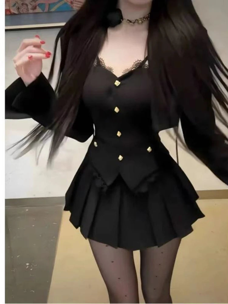 Autumn Sexy Vintage Elegant 3 Piece Sets Woman Lace Design Jacket + Retro Pleated Mini Skirt Female Chic Korean Popular Clothes
