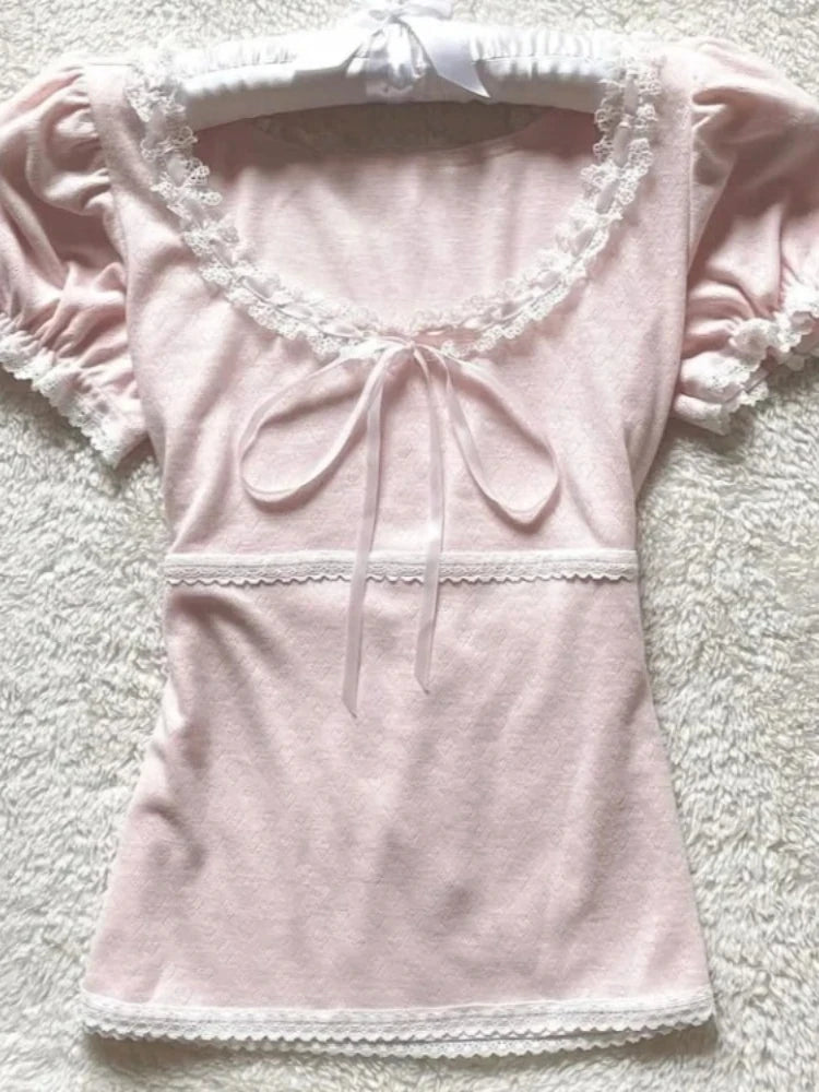 2025 Ropa Mujer T-Shirts Women Clothes Short Sleeve Lace O-neck Sweet Tees Fashion Casual Summer Tshirt Korean Camisetas Kawaii
