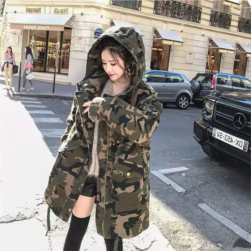 Winter Camouflage Cotton Parkas for Women Thickened Long Style Unisex Fashion Korean Version Cargo Cotton Padded Coat Clothes
